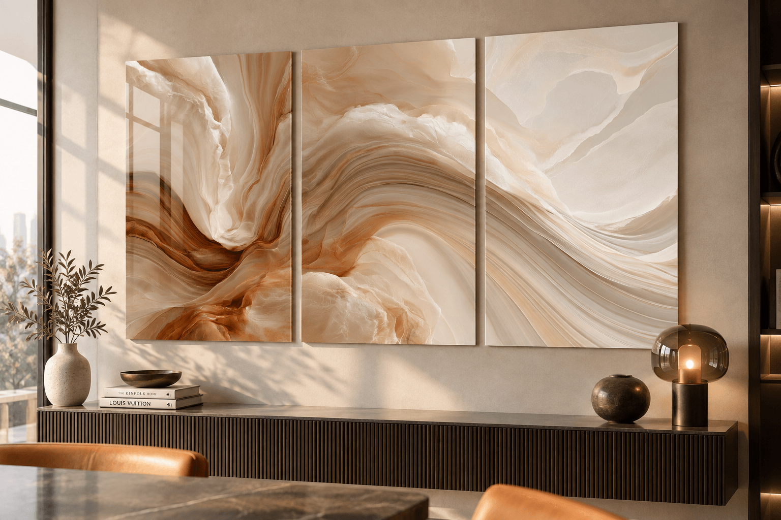 Three-panel stone-swirl glass triptych above a walnut credenza in a warm dining room